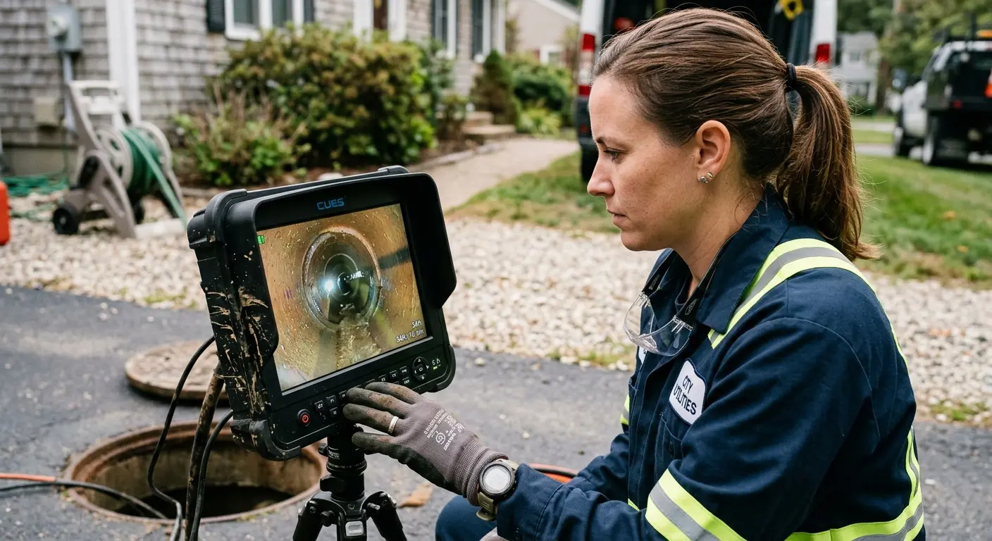 Technician reviewing sewer camera inspection footage in Miami