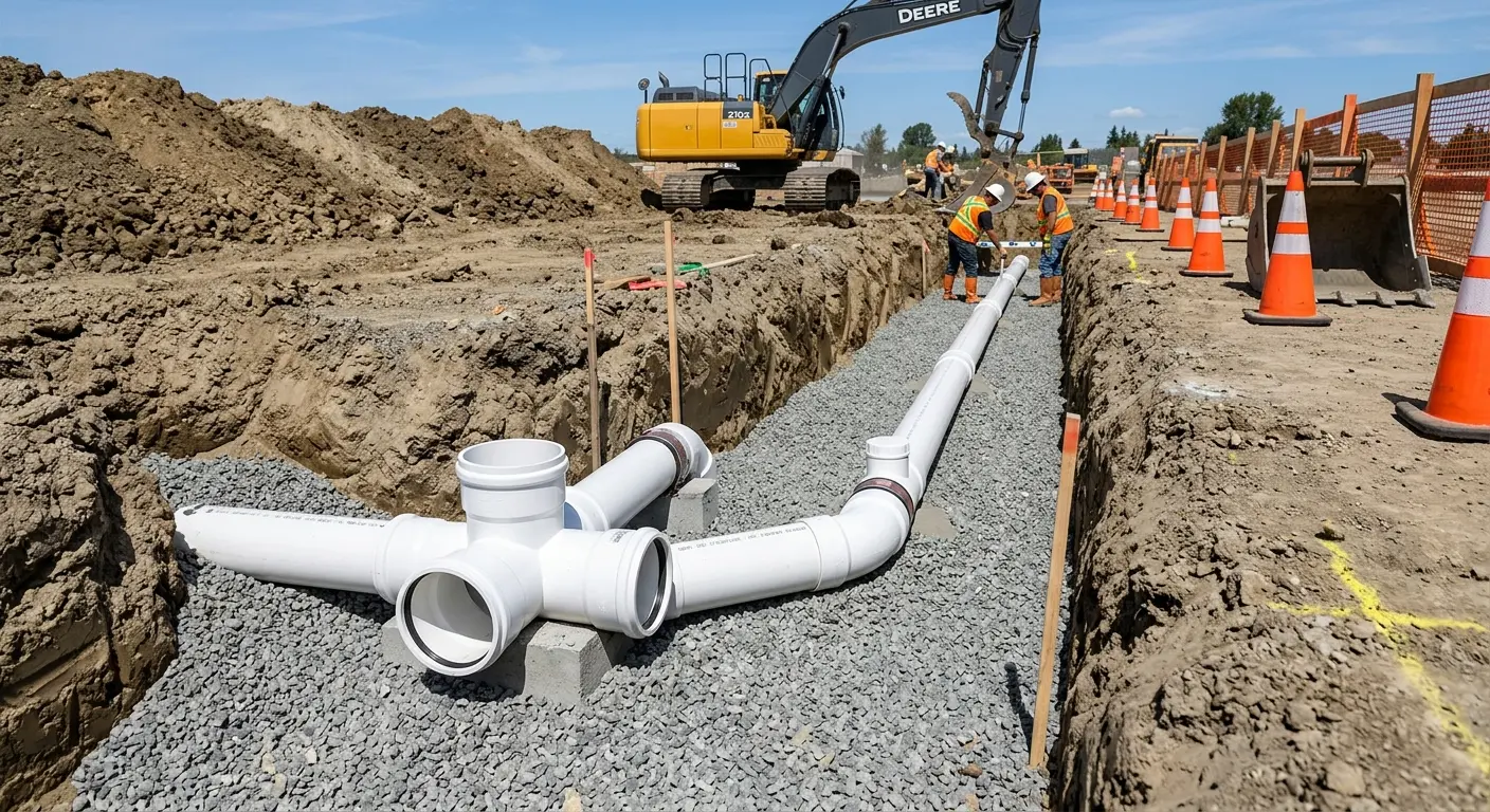 New PVC sewer pipe installation in open trench for Sewer Backup in Miami