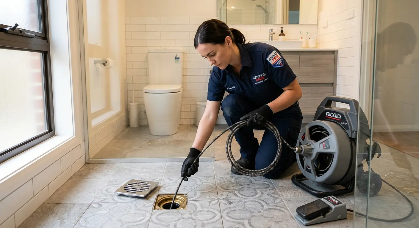 Technician clearing a bathroom floor drain for Drain Cleaning in Miami